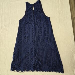 Speechless Navy Blue Lace Shift Mini Dress Sleeveless Women Size M Crew Neck